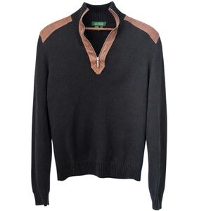 Lauren Ralph Lauren Black Sweater XL Leather Trim Quarter Zip Pullover